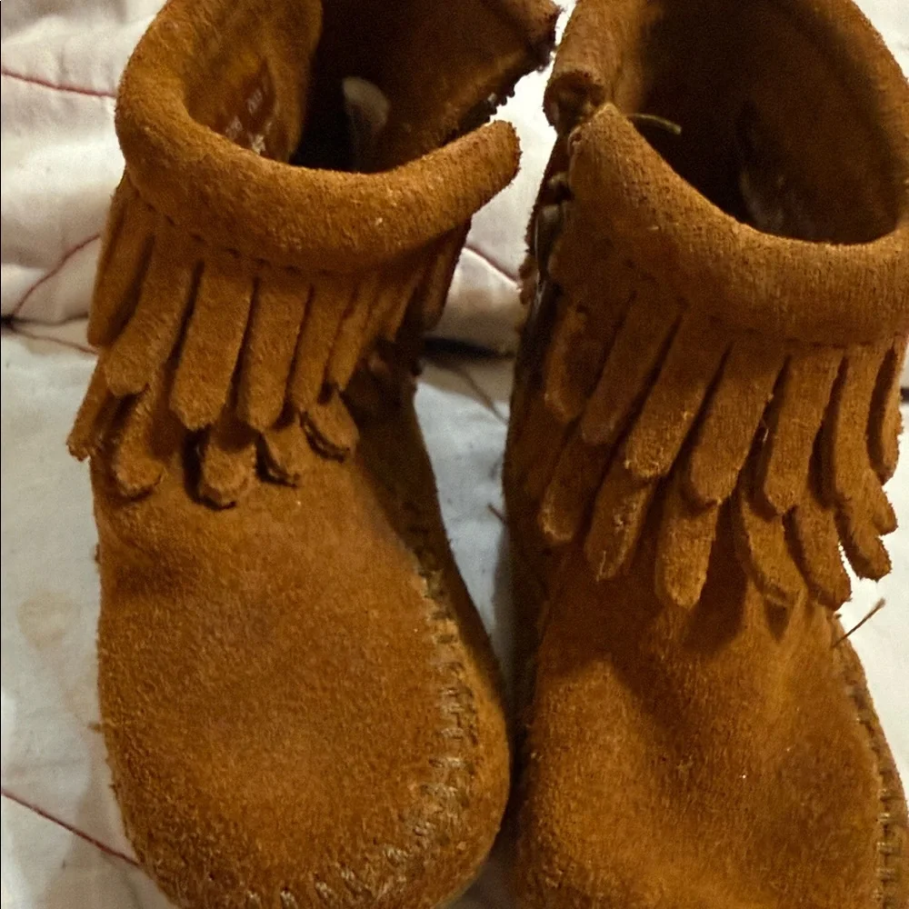 Minnetonka Tan Kids Moccasins with Fringe